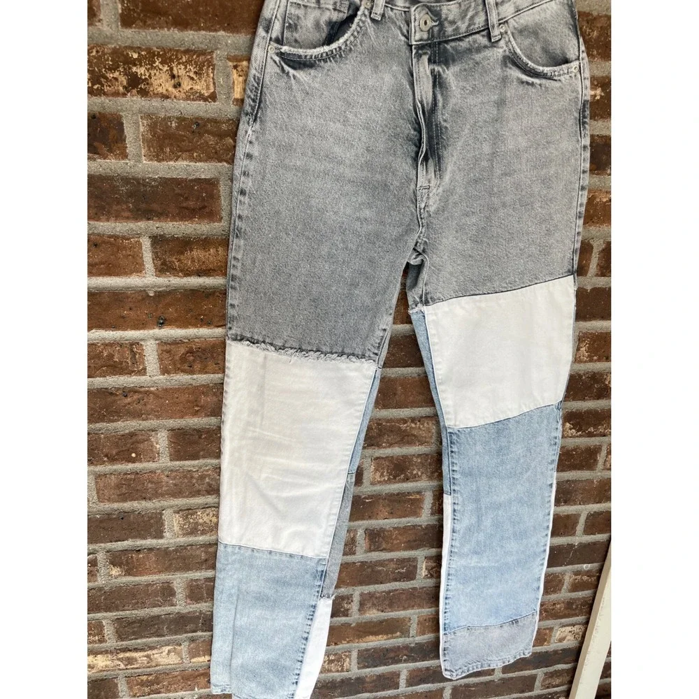 ASOS Bershka High Waist Patchwork Denim Straight Jeans